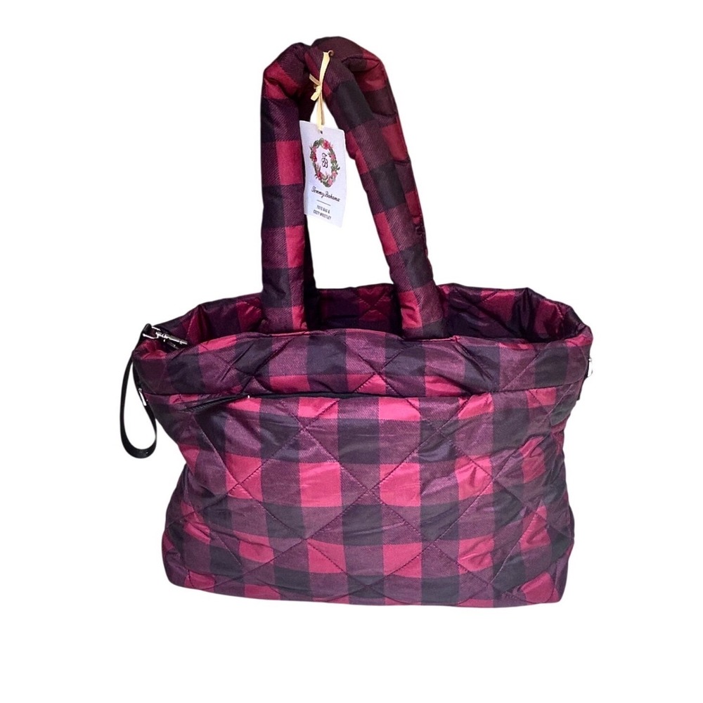 Tommy‎ Bahama Red Black Buffalo Plaid Quilted Puffer Tote Bag NWT
